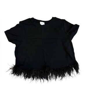 For‎ Cynthia Women's Black Top with Black Feather Hem Size Large